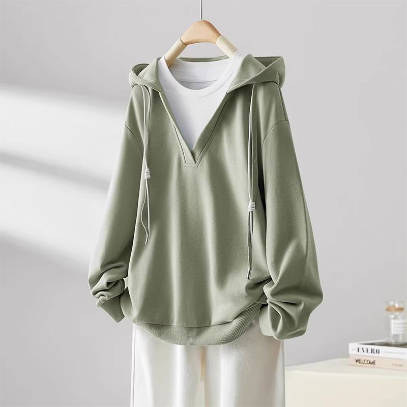 韓版設計感寬鬆拼接假兩件帽T