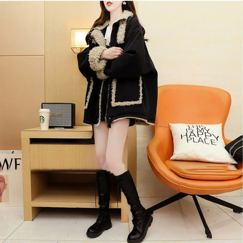 休閒寬鬆刷毛加厚棉衣洋氣百搭牛仔外套