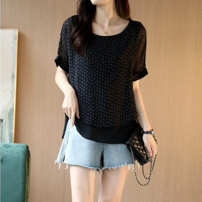 氣質涼感雪紡寬鬆印花薄款遮肚子短袖-HaloBless