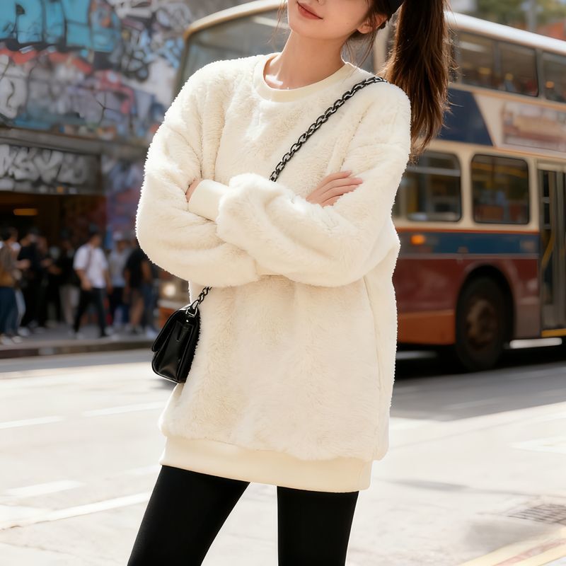 韓版寬鬆百搭刷毛加厚圓領珊瑚絨長袖