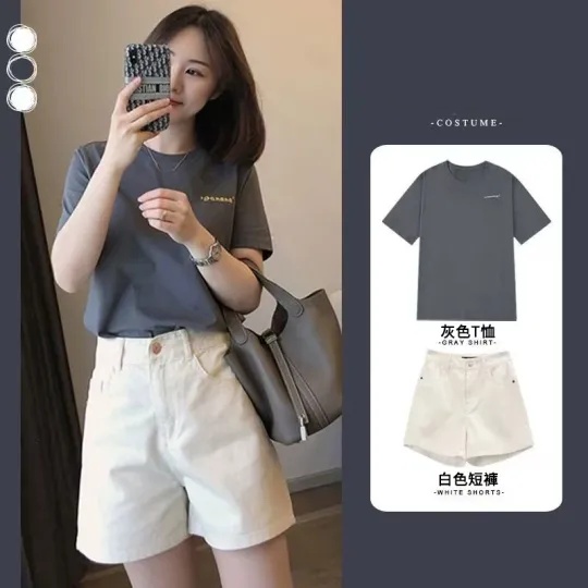 【單件/套裝】休閒百搭寬鬆時尚灰色短袖T恤+白色短褲兩件套裝