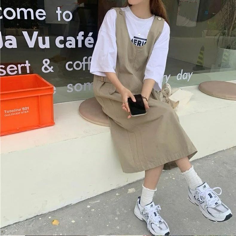 【單件/整套】日系顯瘦短袖減齡寬鬆背帶裙兩件套裝-HaloBless