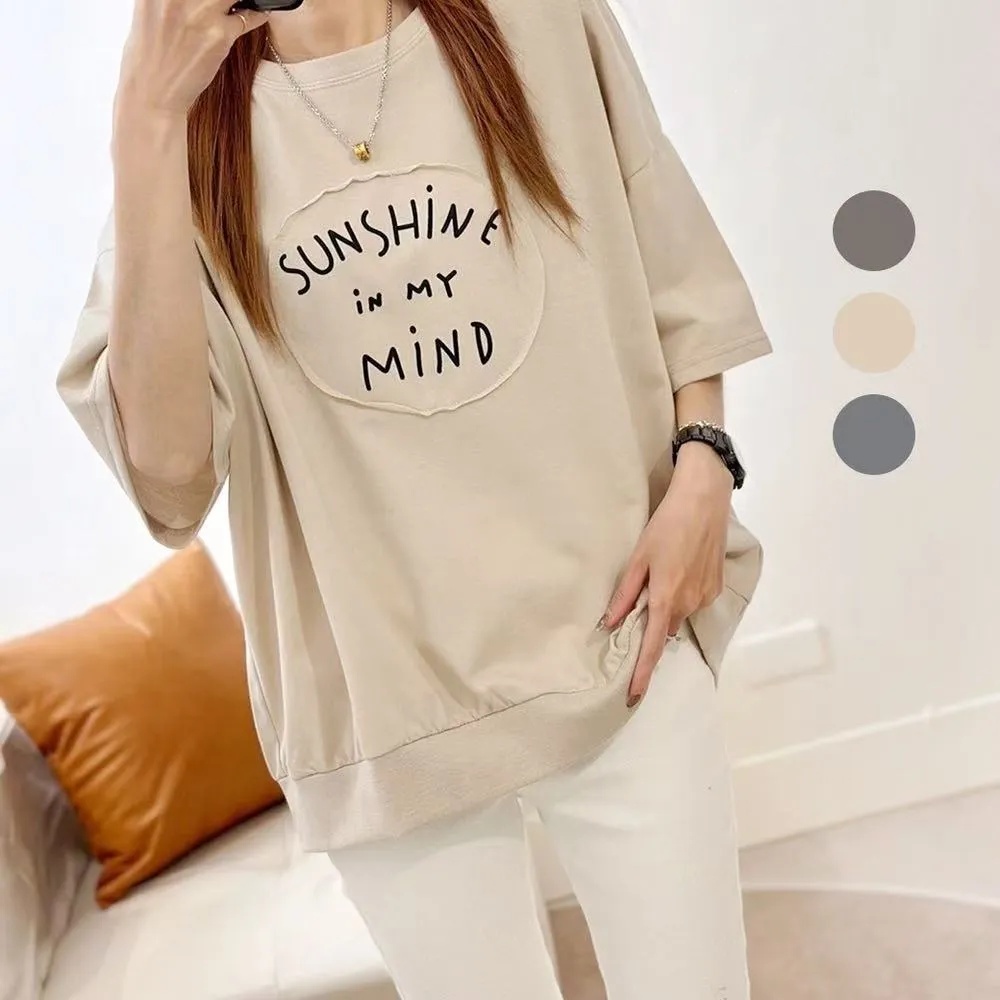 大碼貼布字母印花寬鬆圓領七分袖t恤-HaloBless