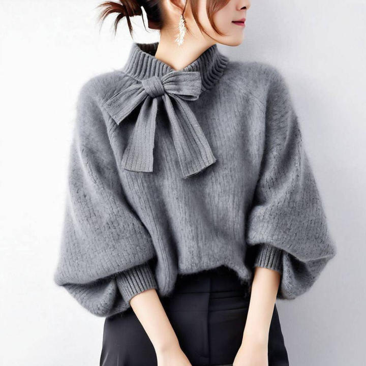 新年新款立領蝴蝶結溫柔風燈籠針織衫