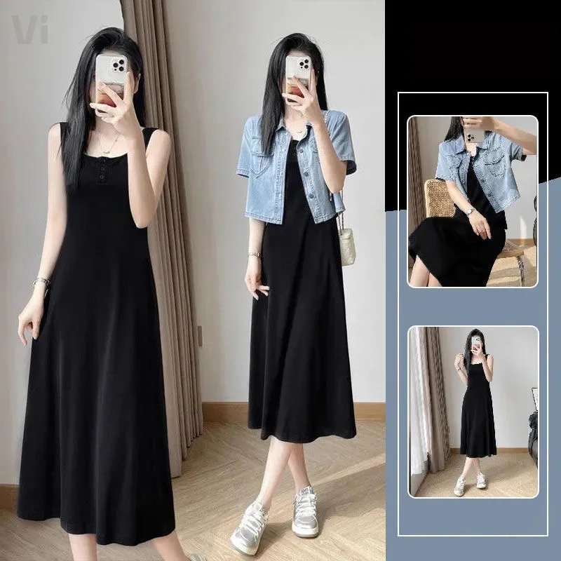 韓版時尚簡約牛仔短袖外套+背心長洋裝套裝