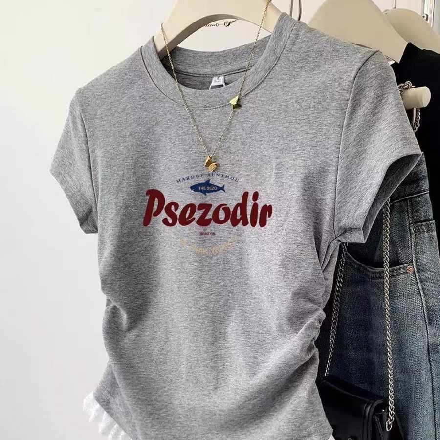 美式短款正肩蕾絲設計感褶皺收腰短袖t恤-HaloBless