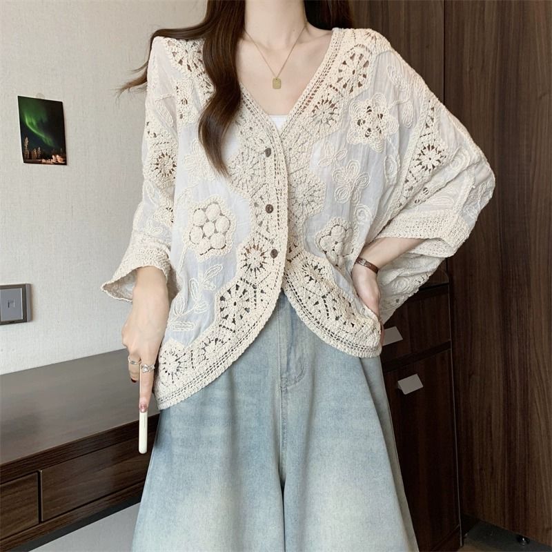 波西米亞風鉤花鏤空V領大碼防曬開衫襯衫-HaloBless