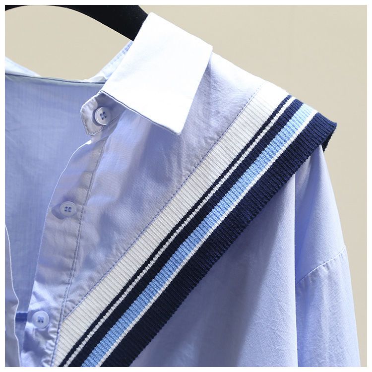 韓版寬鬆休閒針織木耳邊拼接襯衫