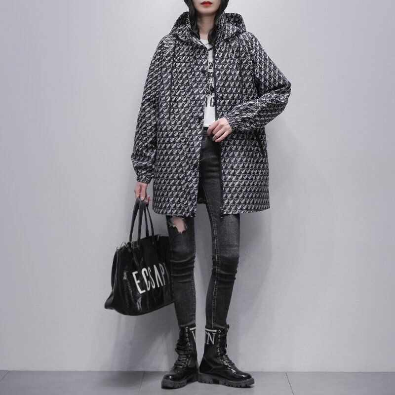 千鳥格黑色風衣中長版休閒寬鬆顯瘦連帽外套(預售7天左右發貨)