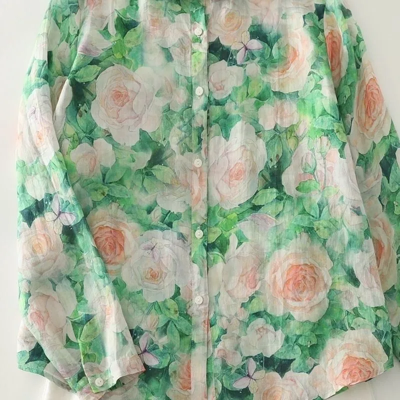 綠色碎花法式寬鬆顯瘦百搭長袖襯衫-HaloBless