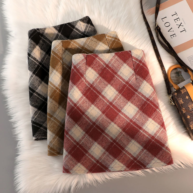 百搭包臀a字毛呢格子短款/長款半身裙-HaloBless