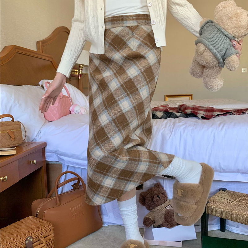 百搭包臀a字毛呢格子短款/長款半身裙-HaloBless