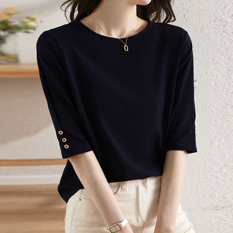 紐扣設計時尚休閒百搭顯瘦七分中袖T恤
