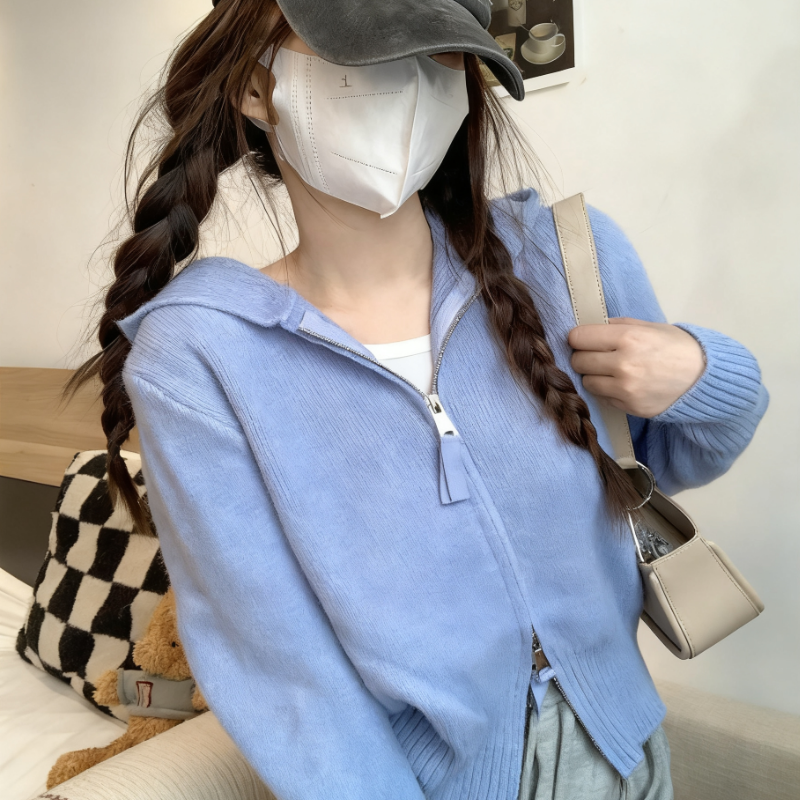 慵懶風拉鍊正肩短版外套連帽針織開衫