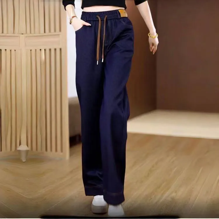 鬆緊高腰寬鬆顯瘦休閒直筒百搭刷毛牛仔褲