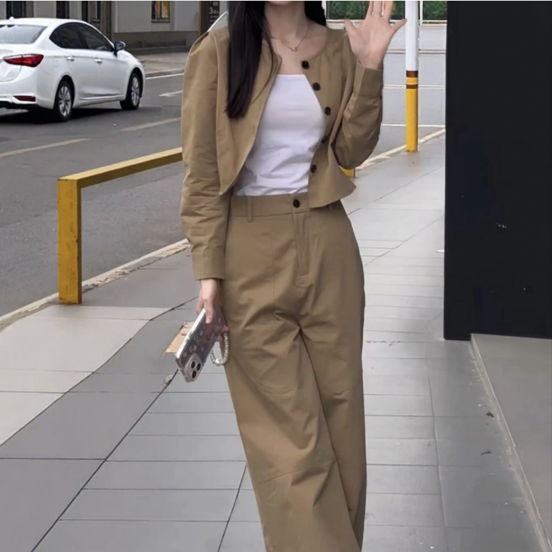 【整套】休閒氣質長袖圓領外套+小眾炸街闊腿褲兩件套裝-HaloBless