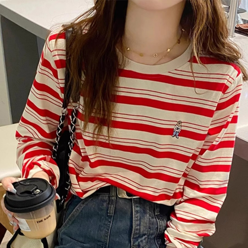 寬鬆休閒大碼百搭撞色條紋純棉長袖T恤