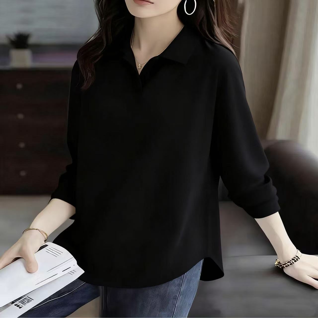 圓弧形下擺薄款Polo領百搭棉質長袖T恤