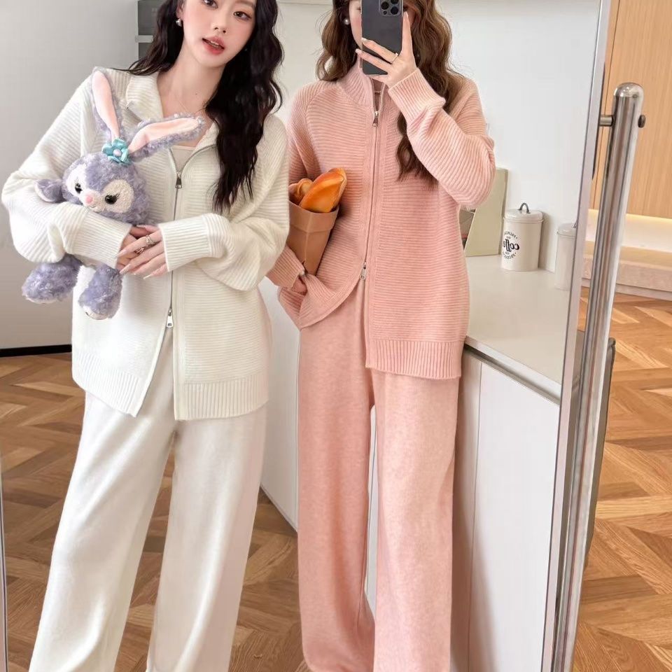【整套】韓系拉鏈翻領針織衫+休閒闊腿褲兩件套