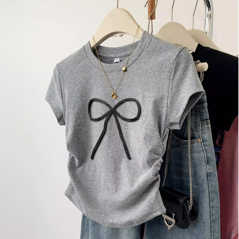 百搭純棉立體蝴蝶結修身顯瘦短袖T恤-HaloBless