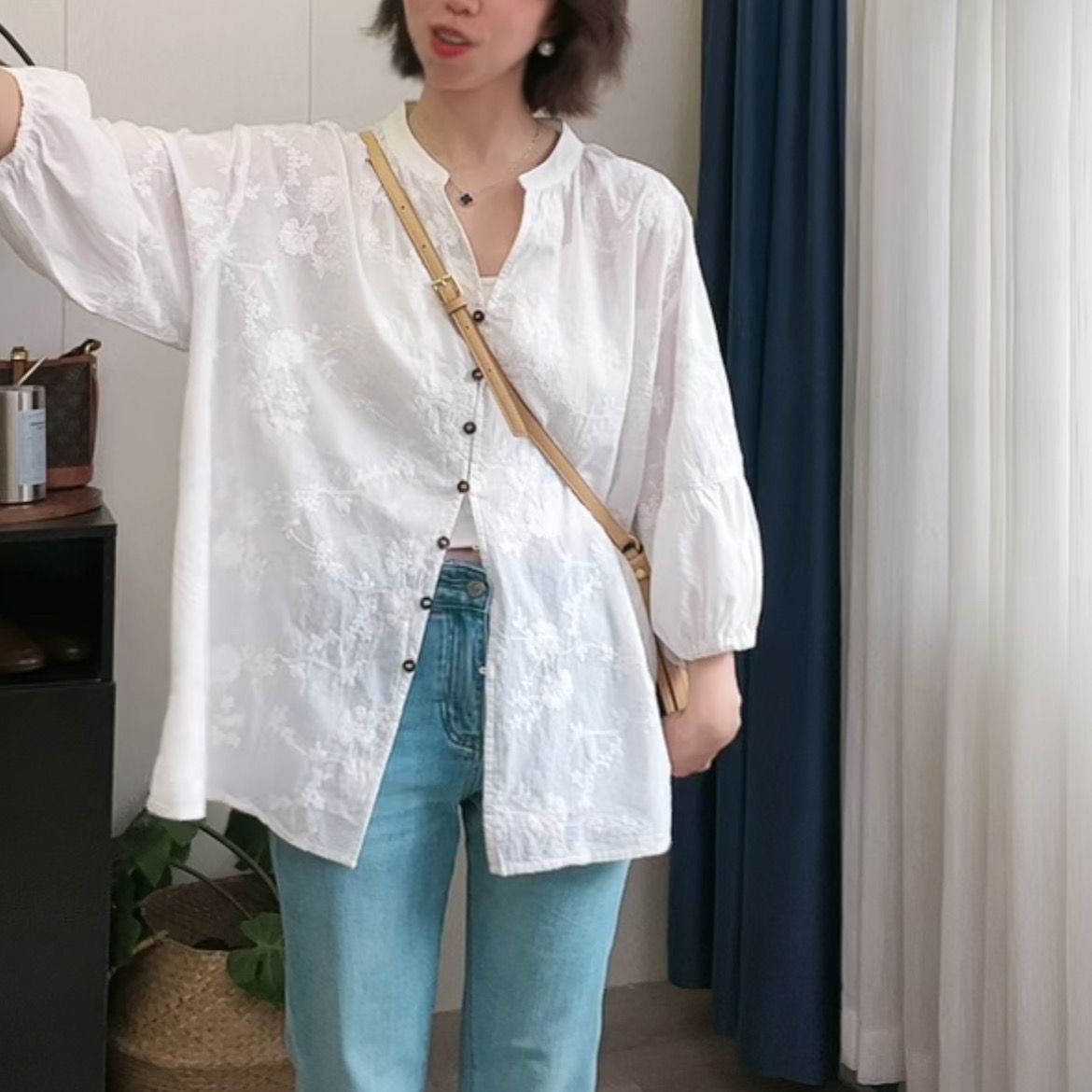 提花刺繡棉質百搭防曬寬鬆七分袖中長款開衫襯衫