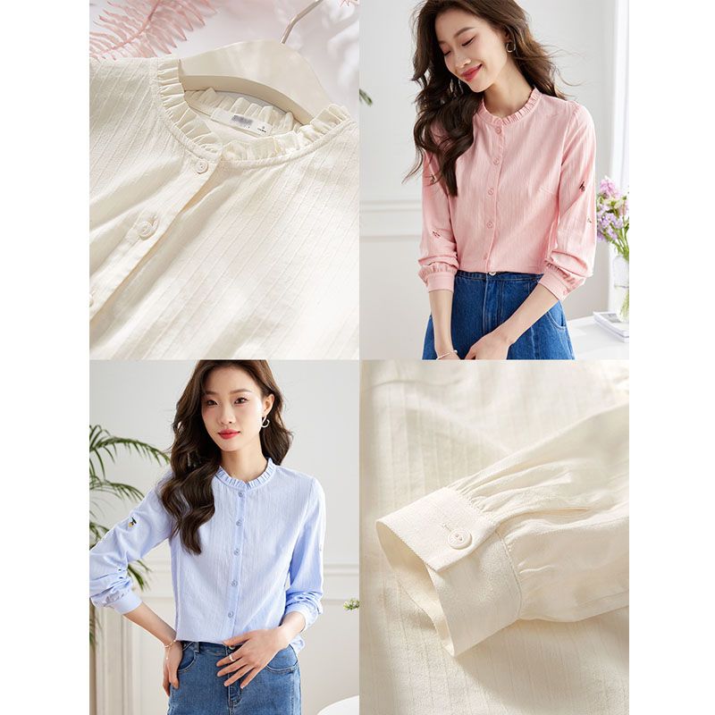 法式木耳邊立領氣質刺繡長袖襯衫-HaloBless