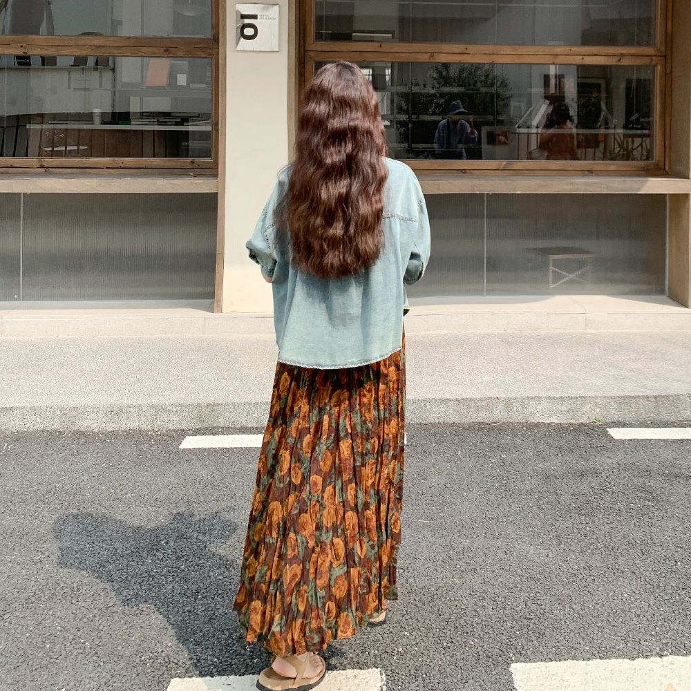 【單品/套裝】短袖牛仔襯衫碎花半身裙兩件套裝-HaloBless