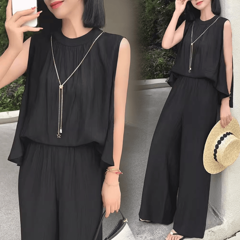 【整套】高級感時尚掛脖背心+休閑百搭闊腿褲兩件套