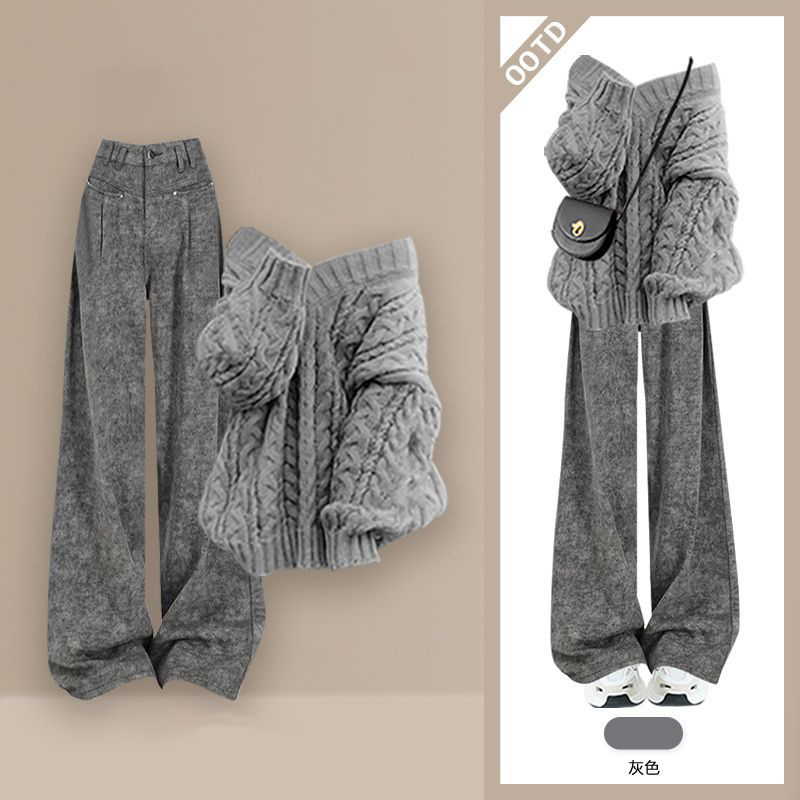 【單件/套裝】韓系慵懶風時尚針織毛衣+氣質顯瘦休閒褲兩件套