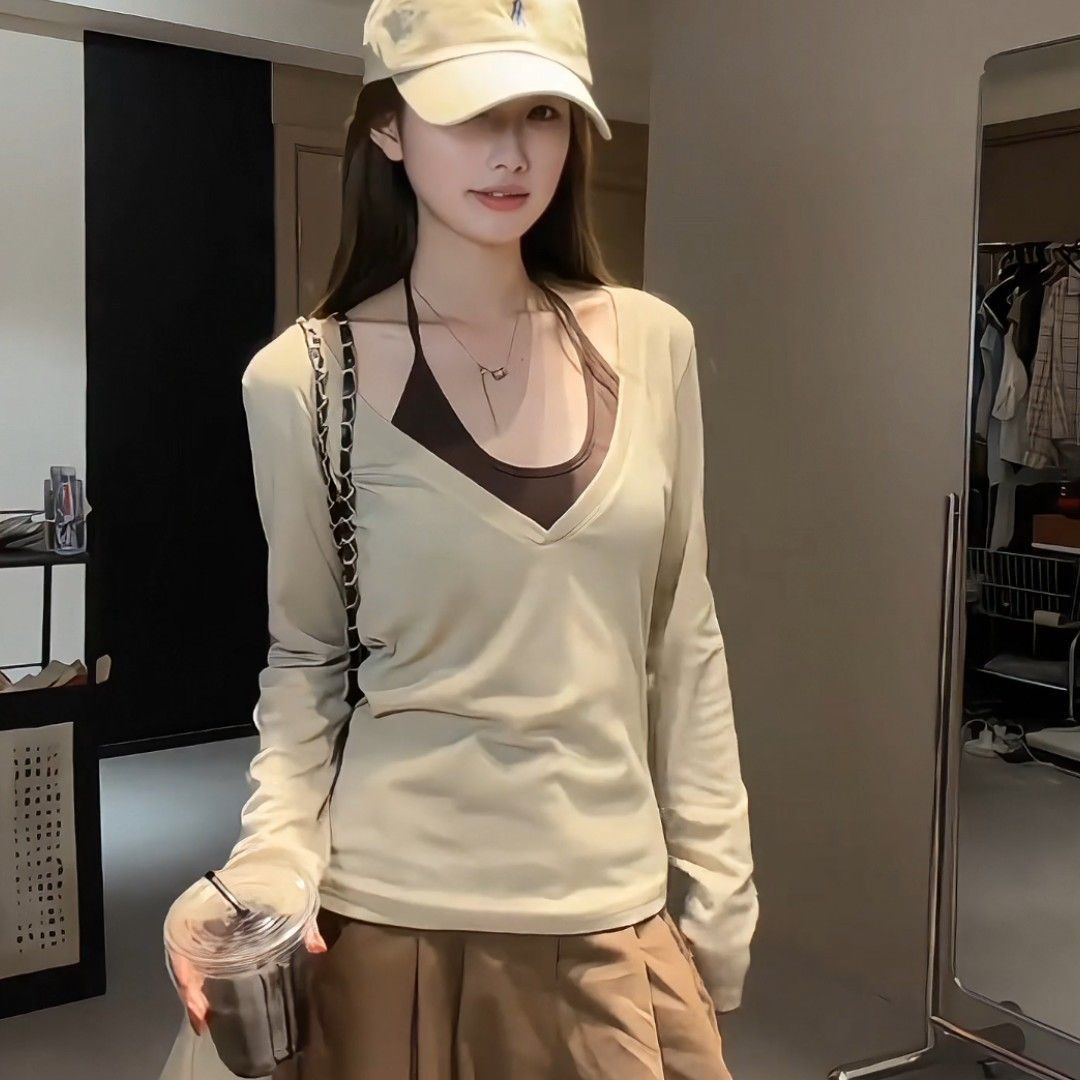 疊穿美式辣妹修身長袖罩衫+掛脖背心真兩件長袖