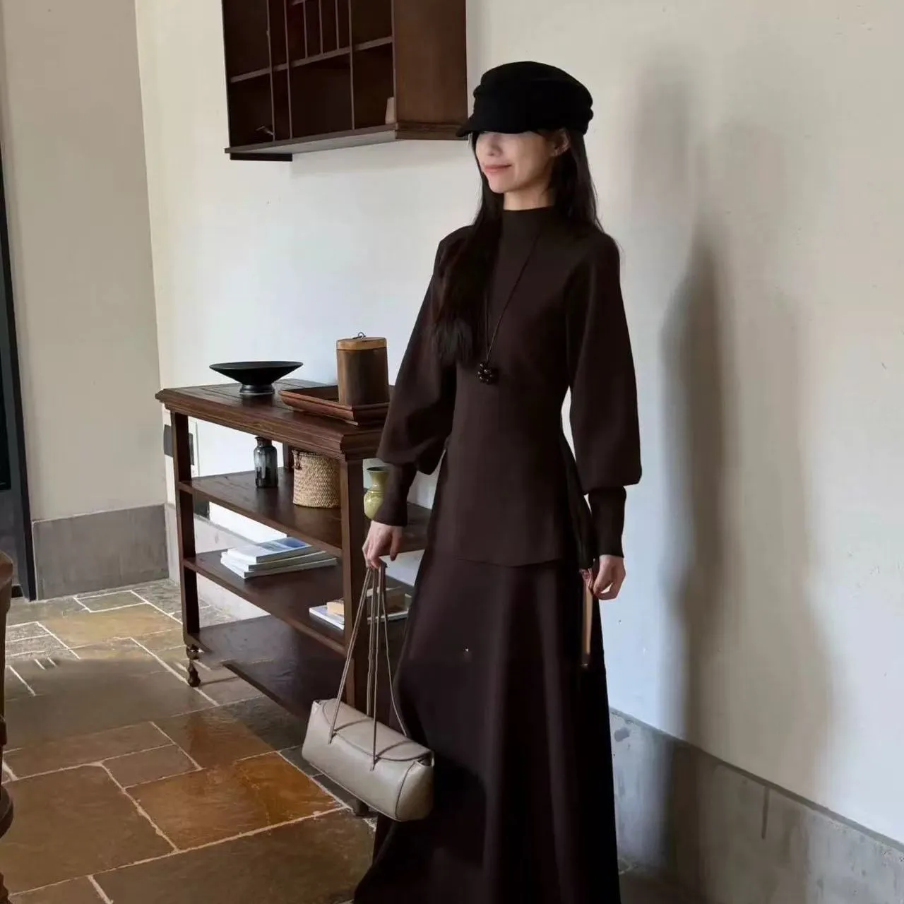 法式半高領燈籠袖獨特收腰慵懶氣質針織毛衣