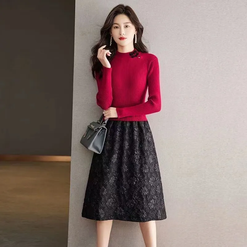 顯瘦過膝假兩件刺繡拼接針織洋裝