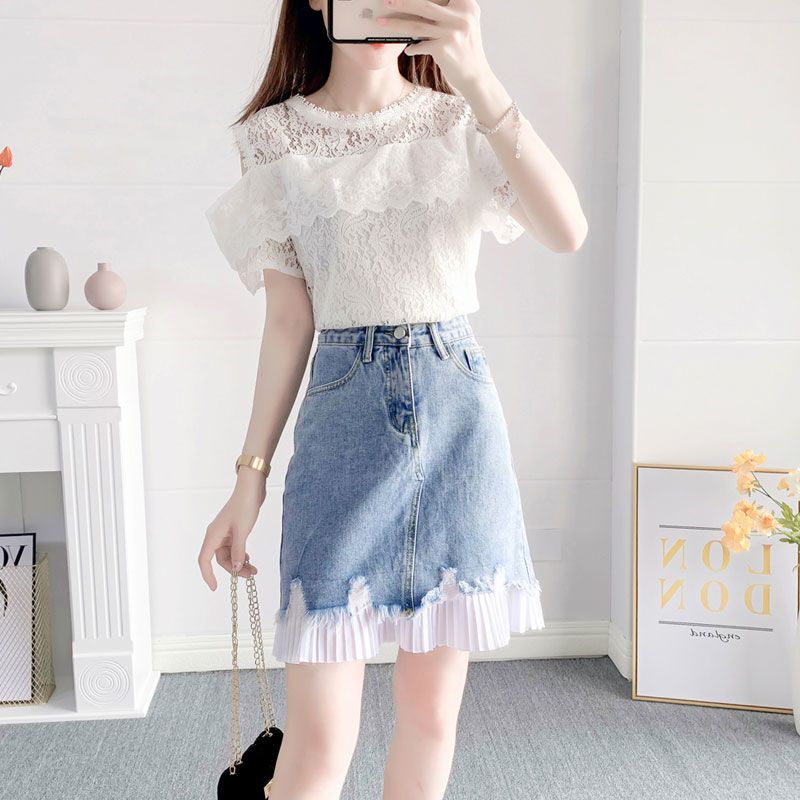 【單件/套裝】氣質溫柔風蕾絲拼接短袖+時尚牛仔半身裙兩件套裝
