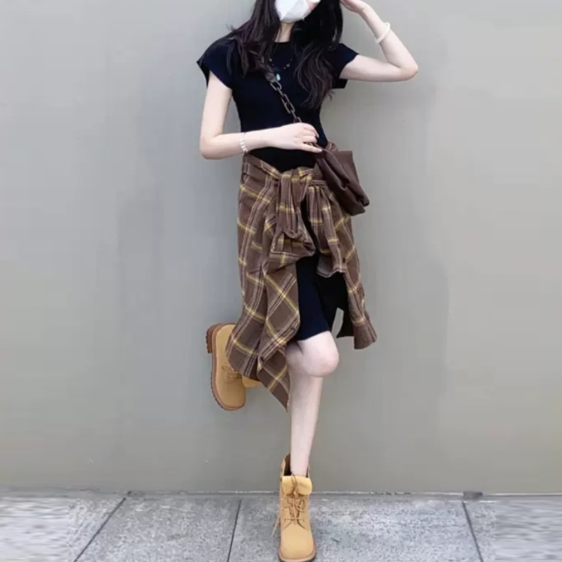 【單品/套裝】韓版顯瘦格紋襯衫洋装两件套裝-HaloBless