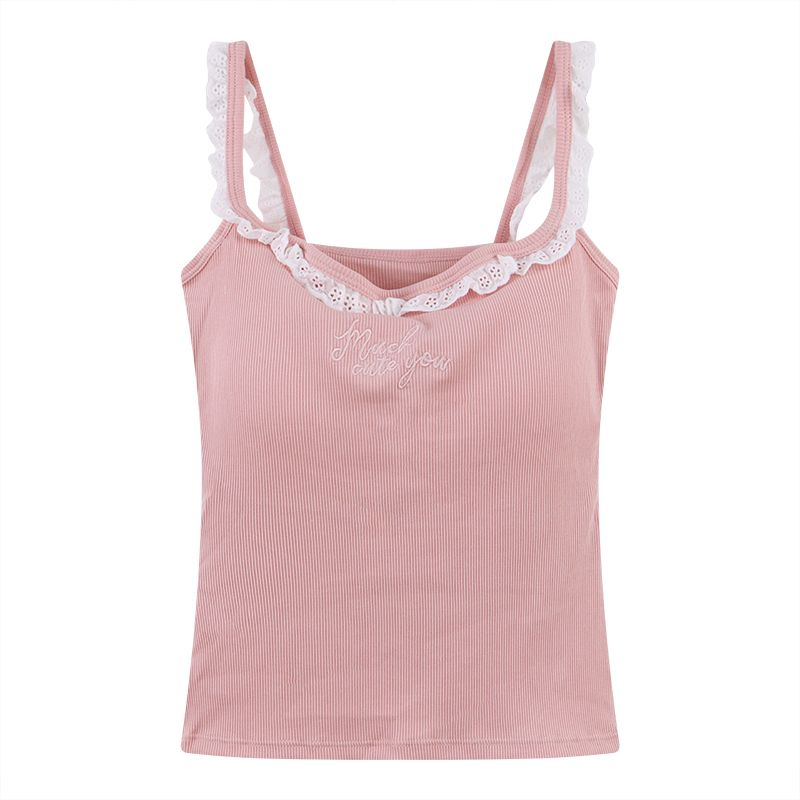 純欲蕾絲刺繡帶胸墊美背設計感顯瘦吊帶背心-HaloBless