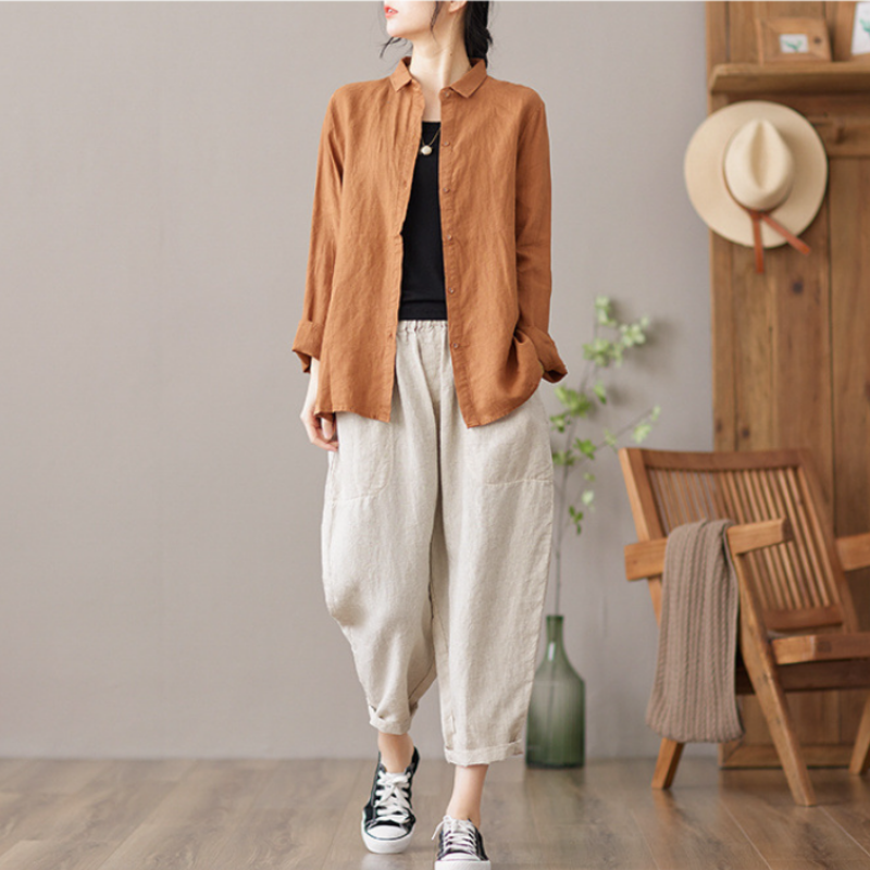 文藝復古亞麻翻領氣質長袖襯衫-HaloBless