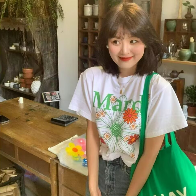 韓版經典植物花卉雛菊印花純棉寬鬆短袖T恤