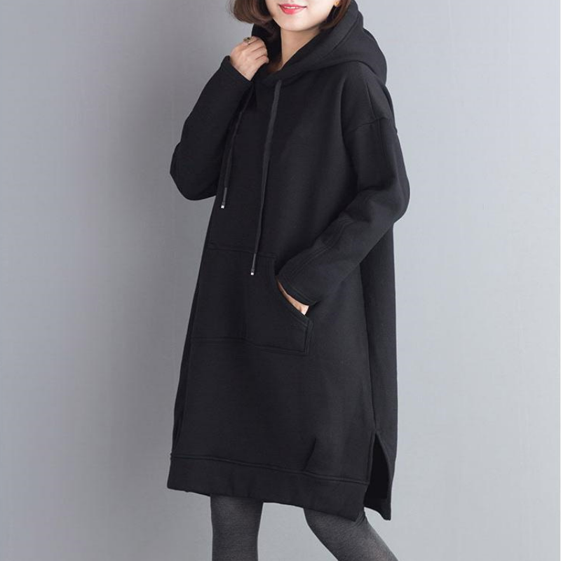 寬鬆刷毛加厚素色開叉中長款連帽T