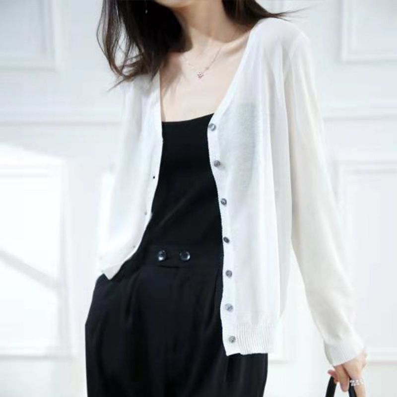 V領針織開衫冰絲防曬短款長袖針織開衫