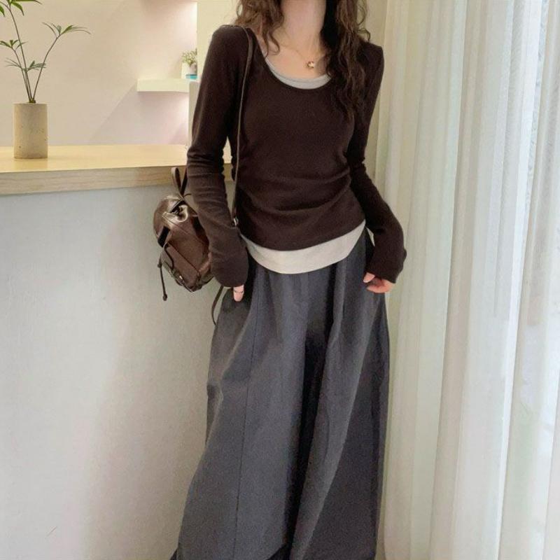 假兩件正肩修身顯瘦拼接撞色長袖T恤