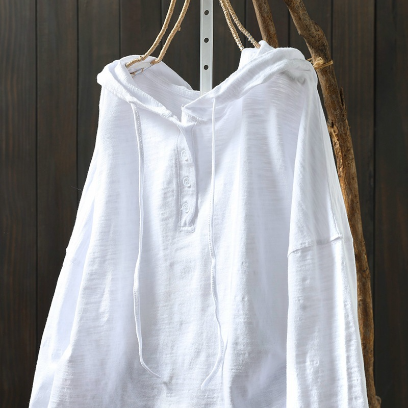 竹節棉連帽寬鬆休閑遮肉套頭長袖T恤-HaloBless