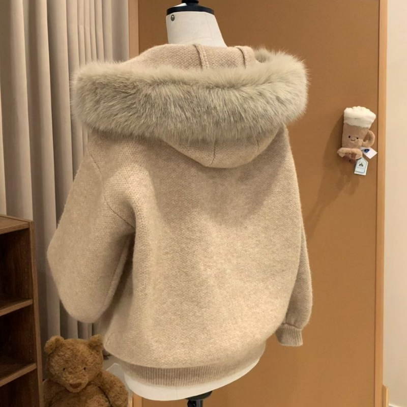 大毛領外套寬鬆顯瘦軟糯毛衣針織開衫-HaloBless