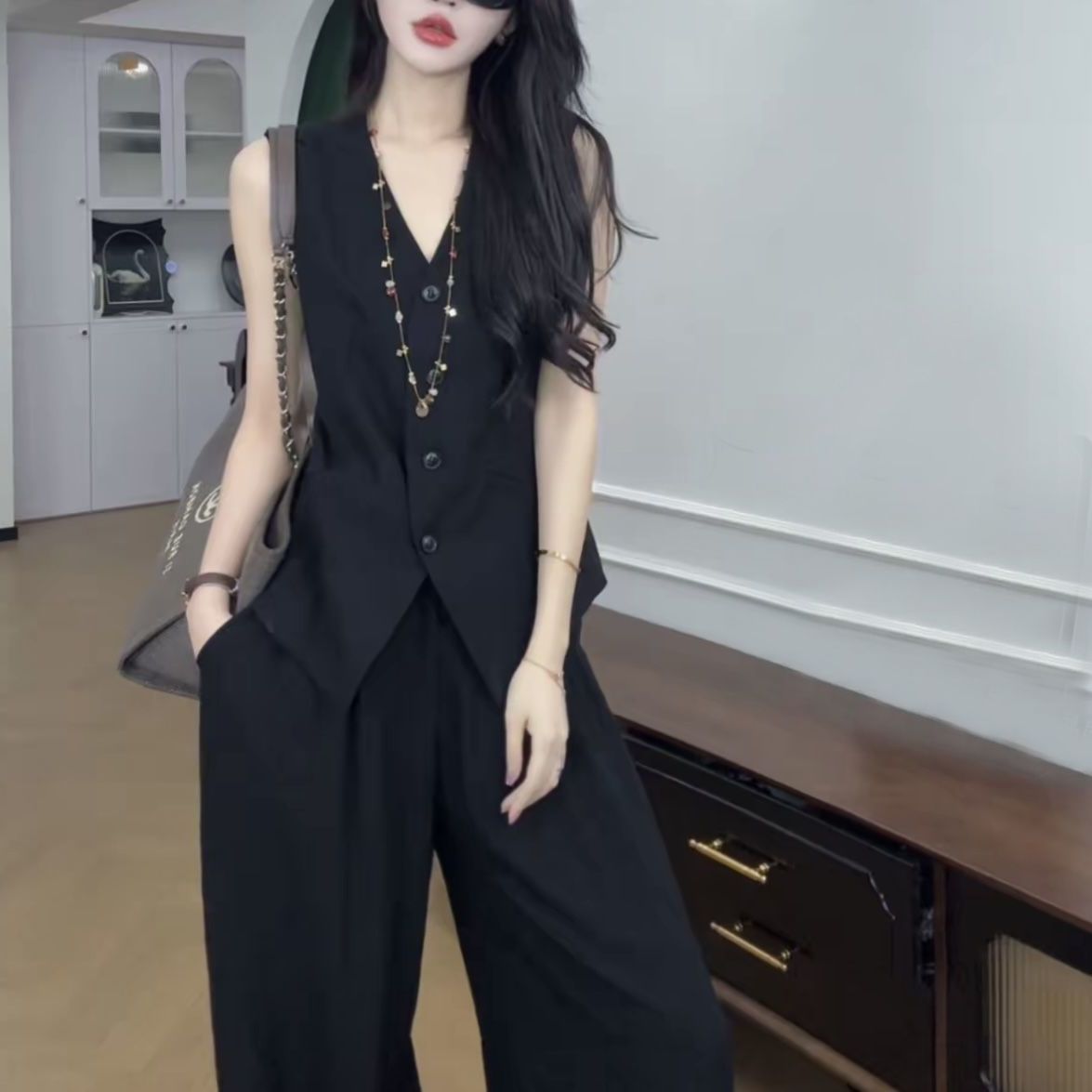 【單件/套裝】法式氣質高級感時尚馬甲+休閑闊腿褲兩件套裝