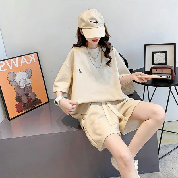 【整套】時尚洋氣減齡寬松遮肉短袖T恤+休閑運動短褲兩件套