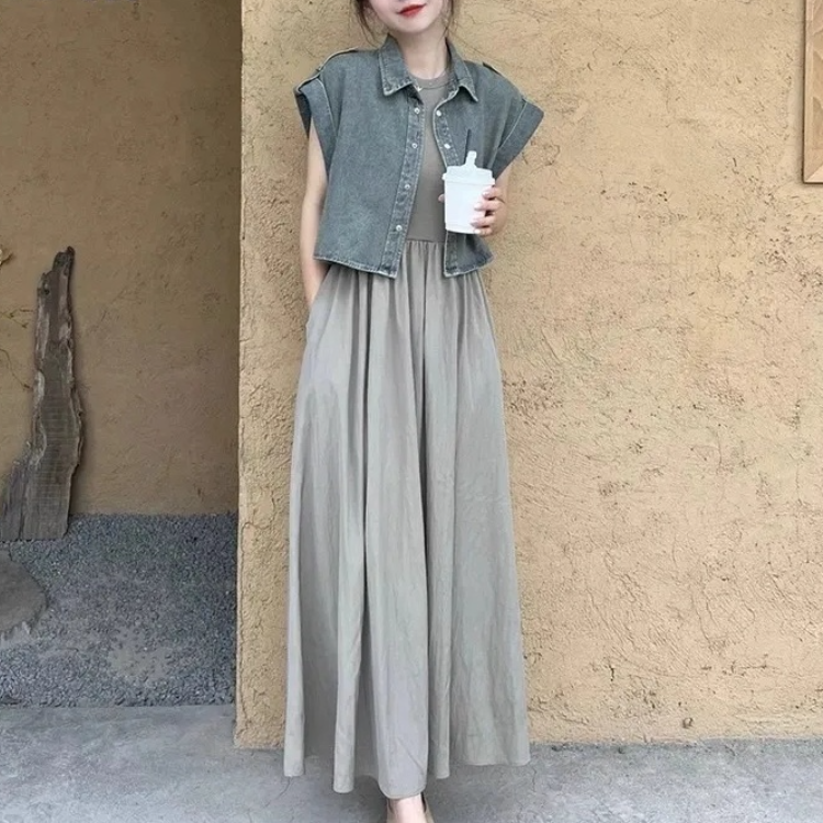 【單件/整套】法式輕熟風坎肩牛仔馬甲+背心連身裙兩件套裝