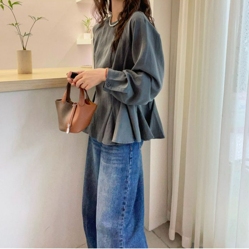 時尚寬鬆百搭短版荷葉邊收腰純棉襯衫