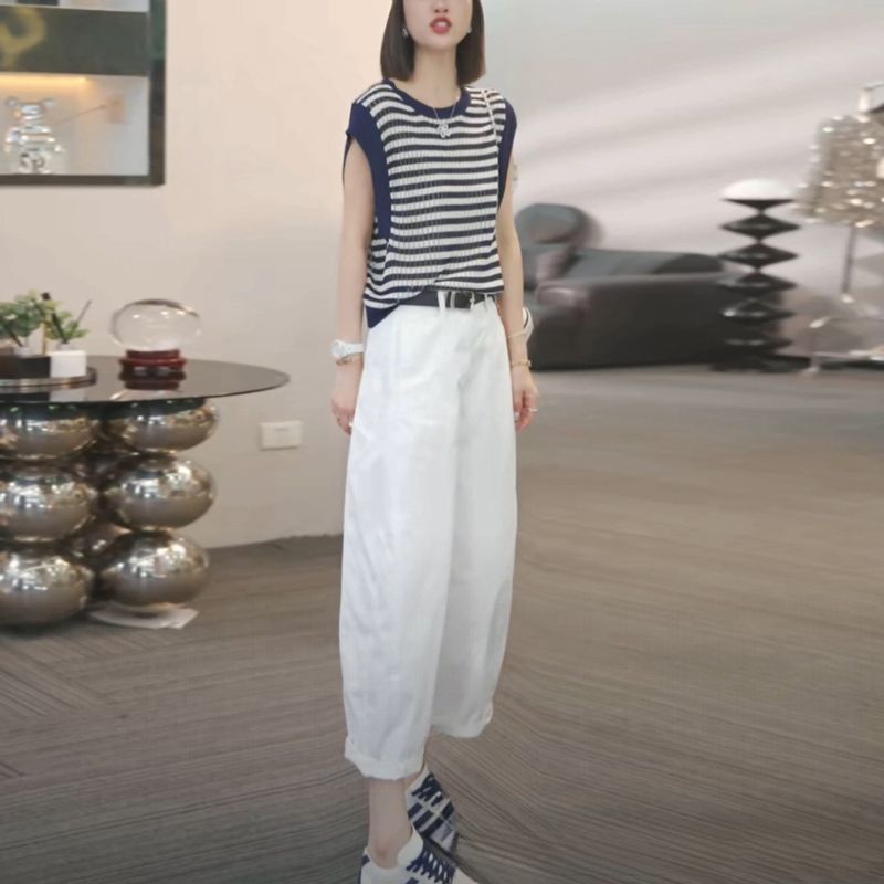 【單件/套裝】寬松顯瘦減齡無袖針織衫+闊腿休閑褲兩件套