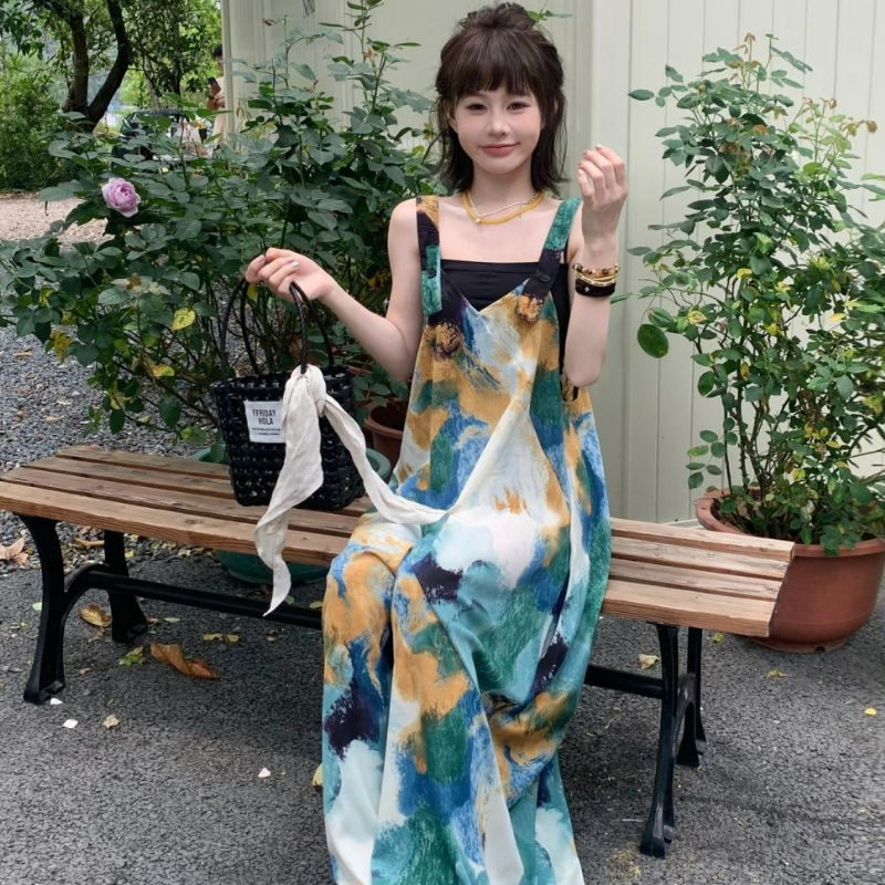 清涼顯白海島藍V領寬鬆闊腿背帶連體褲-HaloBless