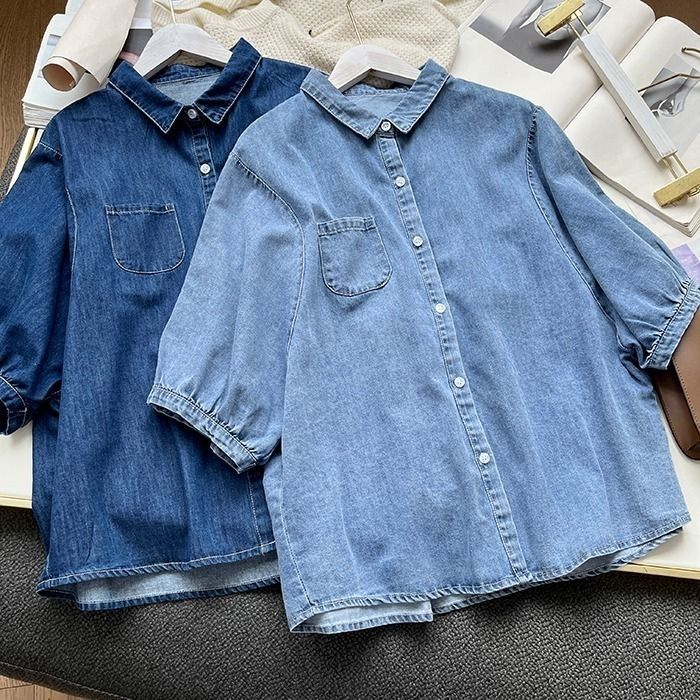 復古簡約寬鬆顯瘦燈籠袖牛仔襯衫-HaloBless