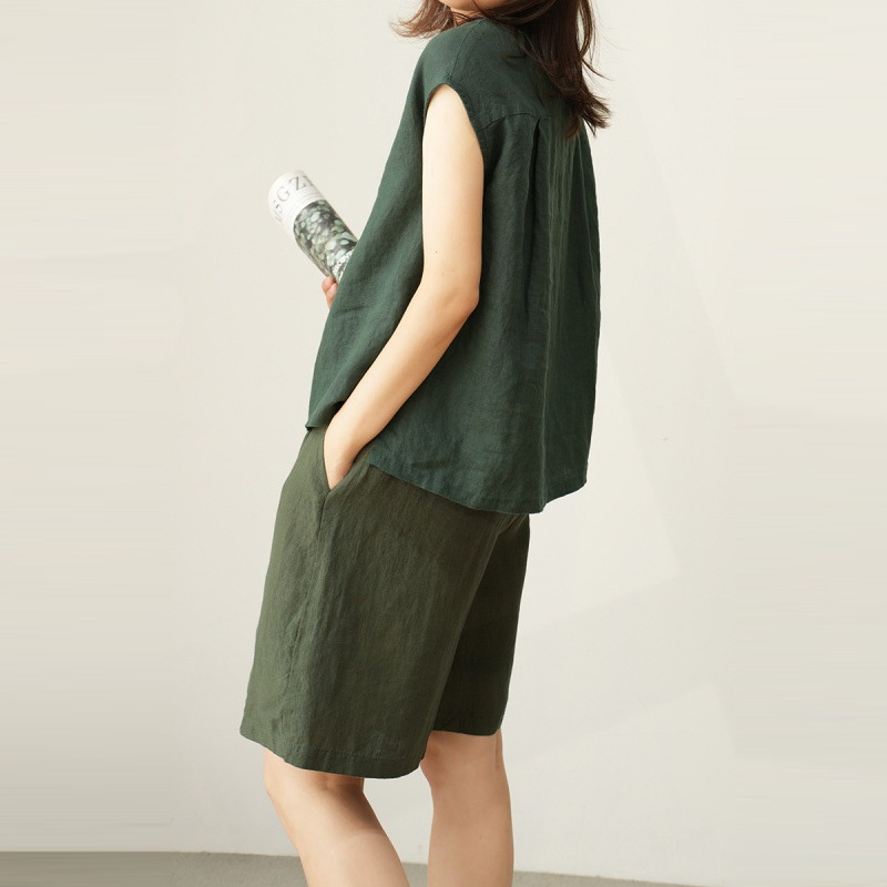 日系通勤棉麻落肩立領顯瘦無袖襯衫-HaloBless